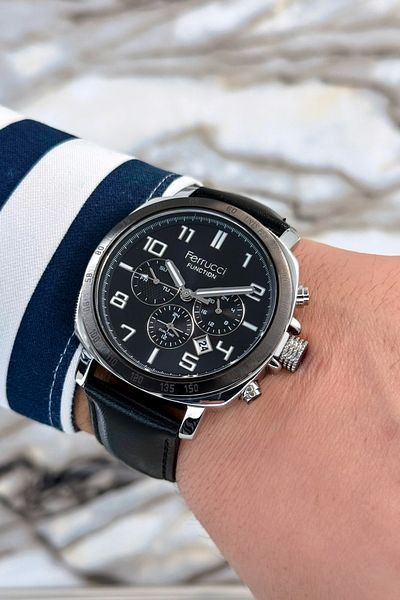 Ferrucci Black Leather Cord, Steel Case Function Number Men's Wristwatch Bracelet Zmfer079