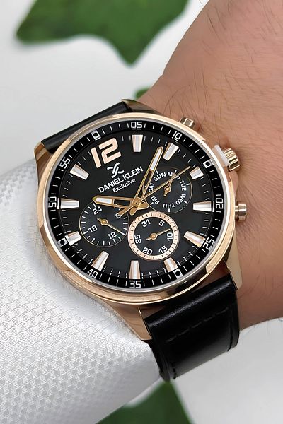 Daniel Klein Black Leather Band Rose Steel Men's Watch Bracelet - Zmdk1172