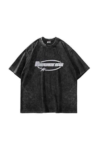 Sekizbiraltı Tricou negru oversize unisex cu imprimeu cu piatră inversă