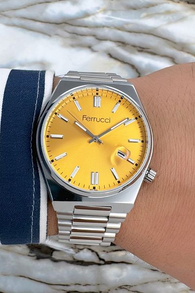 Ferrucci Silver Color Steel Strap & Case Mineral Glass Calendar Men's Wristwatch Zmfer093