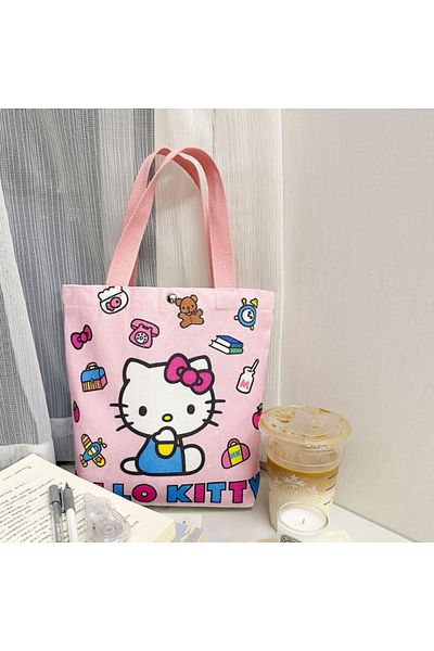 SANRIO 4 حقيبة قماشية من Hello Kitty على شكل قطة كرتونية محمولة على الكتف، خفيفة الوزن وكبيرة الحجم.
