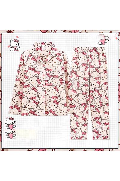 Miniso Xl 2pcs Sanrio Long Pajamas Hello Kitty Kawaii Short Sleeved Loose Sleepwear Pajamas Sets Short Clot