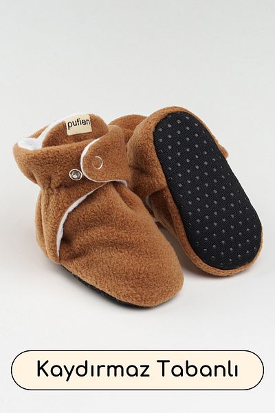 pufien Organic Cotton Lined, Baby First Step Shoes, Non-Slip Sole, Baby Slippers, Brown Booties