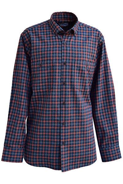 YILDIZ GÖMLEK Koyu Lacivert Gri Kiremit Kareli Çift Cepli Düğmeli Yaka Klasik...