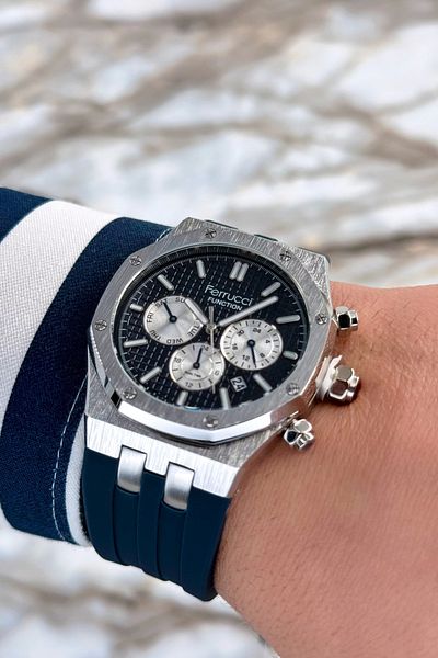 Ferrucci Blue Silicone Cord Steel Case Function Men's Wristwatch Bracelet Zmfer077