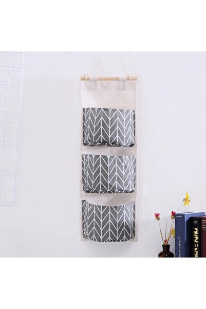 Choice حقيبة تخزين معلقة بنمط من القطن والكتان الرمادي مع 3 جيوب وحقيبة حائط ...