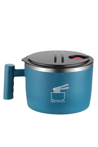 Choice Blue Stainless Steel Bowl With Lid For Instant Noodles Sealed And Portable Drain Bowl For Kitchen Ut