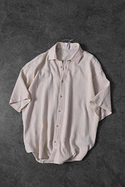 Slatra Men's Beige Muslin Fabric Oversize Short Sleeve Linen Shirt