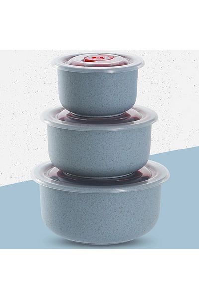 Choice 3pcs Blue 3pcs Wheat Straw Fresh-keeping Bowl Three-piece Set With Lid For Home Microwaveable Plasti