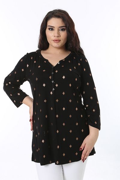 Şans Plus Size Black Metal Button Lycra Blouse - Sleeve Height Adjustable 65N38764
