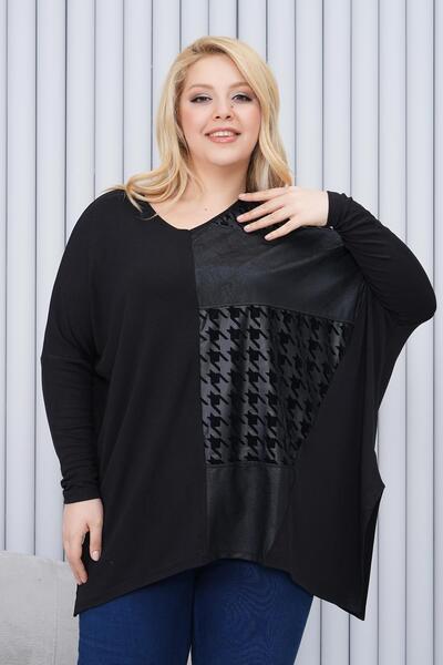 Siyezen Plus Size Oversize Asymmetry Cut Leather Detailed Blouse