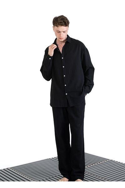 EGHO Men's Cotton Linen Blended Long Sleeve Shirt Pants Set