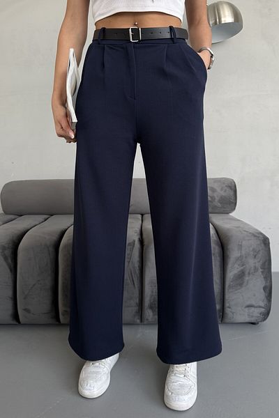 moda armanc Women's Belted Lycra Navy Blue Palazzo Pants