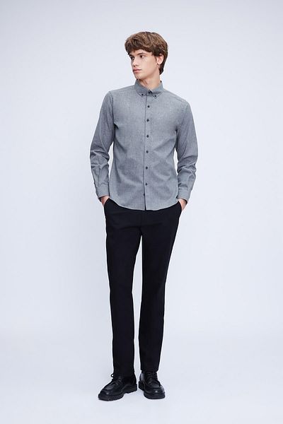 Hatemoğlu Γκρι Slim Fit Βαμβακερό πουκάμισο με μακρυμάνικο γιακά με κουμπιά