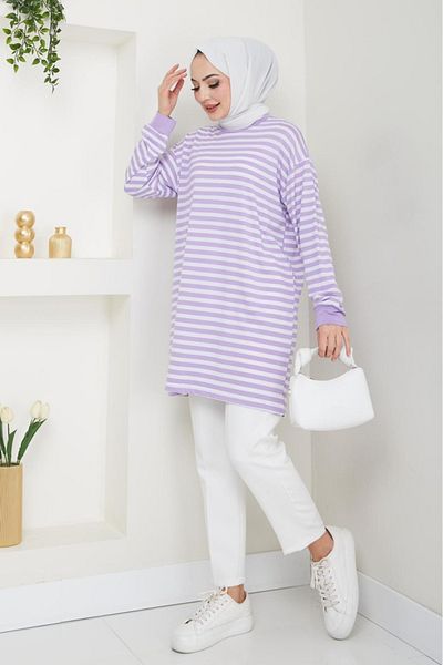 PALME D'OR Fashion Neva Thin Anti-Sweat Soft Combed Cotton Fabric Summer Hijab Striped Tunic