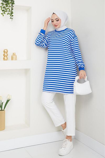 PALME D'OR Fashion Neva Thin Anti-Sweat Soft Combed Cotton Fabric Summer Hijab Striped Tunic