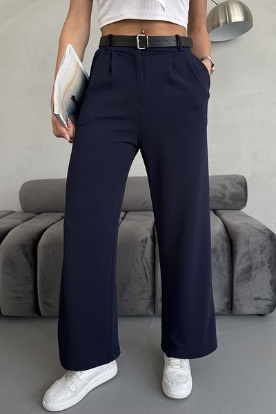 moda armanc Women's Belted Lycra Navy Blue Palazzo Pants