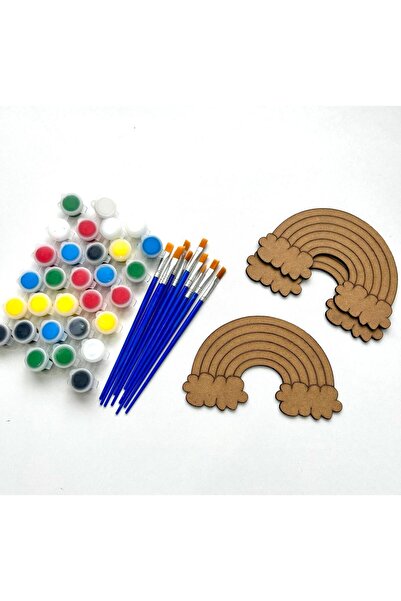 M&T WORKSHOP 10'lu Paket Ahşap Boyama Gökkuşağı Bulutlar Mandala Çocuk Et (10 FIRÇA 5 BOYA)