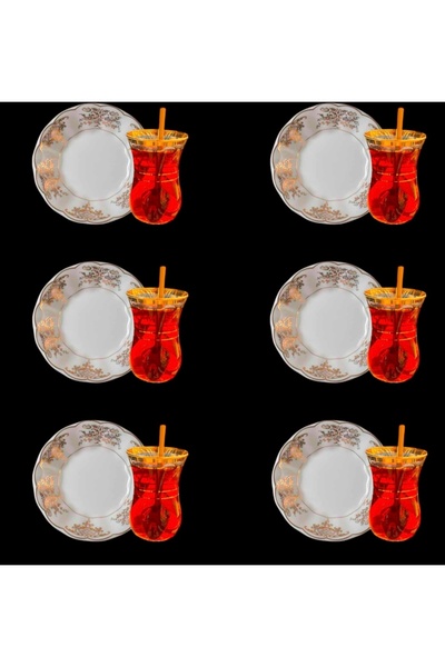 DUKKANI ISTANBUL Tea Cup Set with Porcelain Plate 6-Person Golden Gilded 18 P...