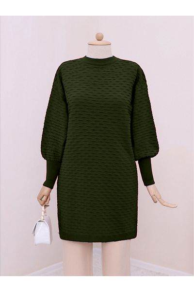 Modamorfo Khaki Color Embossed Patterned Knitwear Tunic
