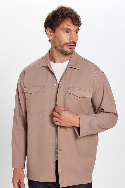 Tudors Men's Relax Fit Relaxed Cut Double Pocket Knitted Mink Apaş Collar Shirt