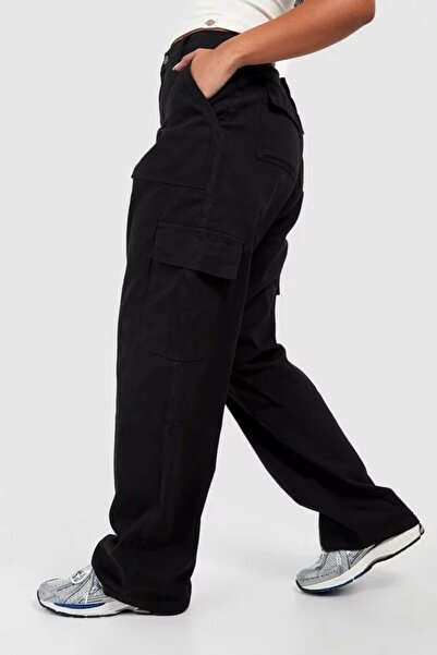 Şans Women's Plus Size Black High Waist, Washed Gabardine Fabric, Cargo Pants...