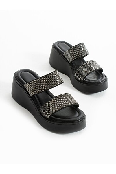 Alemdar Shoes Si̇lva Black Stone Detailed Platform Women's Slippers