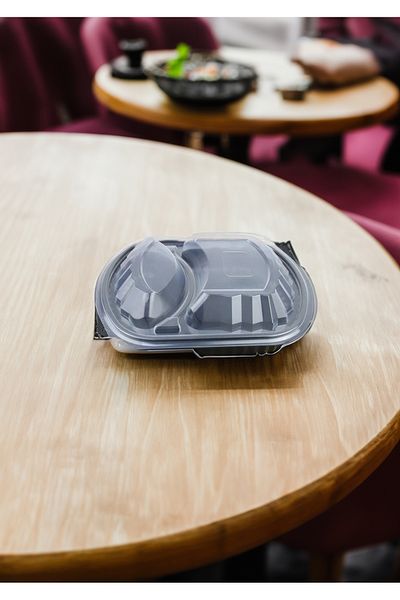 PLASTİKAP Black Plastic Lid Food Container Microwave Container 2 Compartments 10 Pieces