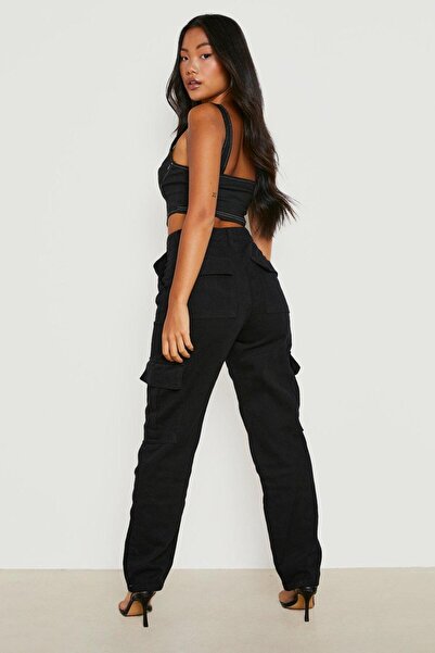 BYŞANS Kadın Siyah Yüksek Bel, Yıkamalı Gabardin Kumaş , Kargo Pantolon 85N7351