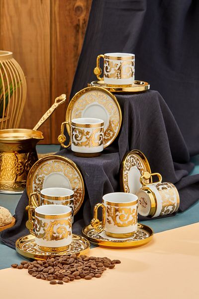Cooker Luxurious Set of 6 Gold Gilded Porcelain Coffee Cups – Stylish & Special Presentation & Gift