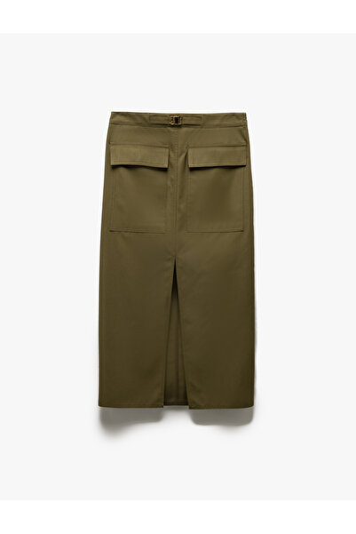 Koton Gabardin Kumaş Slim Fit Kapaklı Cep Detaylı Yırtmaçlı Midi Kalem Etek