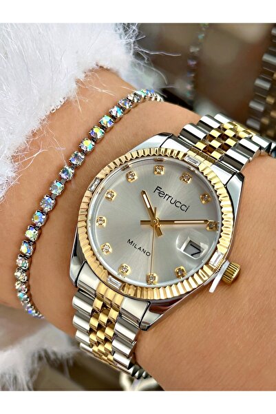Ferrucci FERRUCCİ TAŞ RAKAMLI TAKVİMLİ GOLD GÜMÜŞ METAL KADIN KOL SAATİ