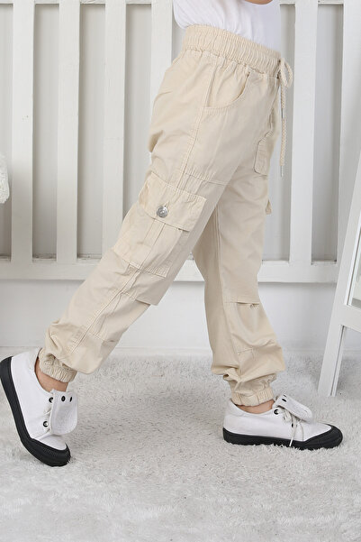 e-çocuk Men's Multiple Beige Trousers with Cargo Pockets and Elastic Waist 25212