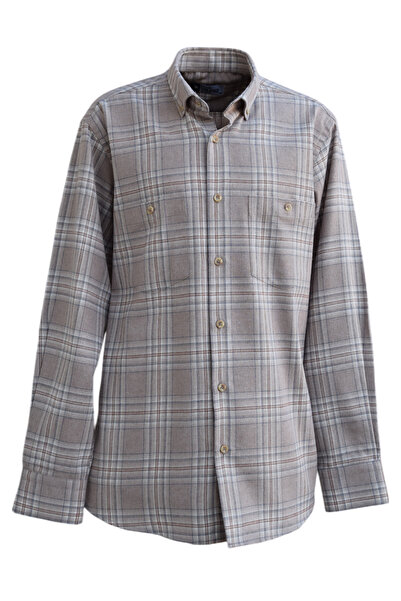 YILDIZ GÖMLEK Bej Krem Mavi Ekose Desen Çift Cepli Düğmeli Yaka Klasik Kesim ...