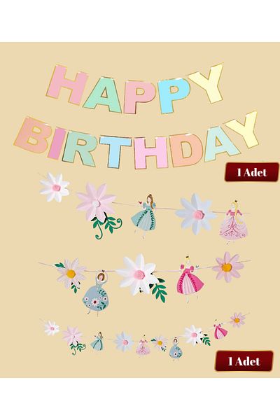 Big Party Meri Meri Princess Hangings Ornament 10 Pieces and Macarons Happy Birthday Banner Set