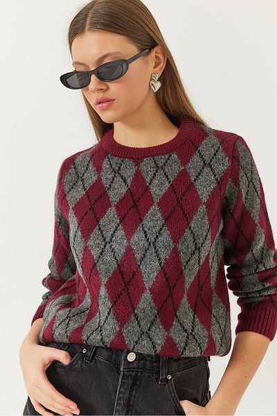 Bianco Lucci Pulover de damă cu decolteu rotund cu model Argyle 241192 60261036