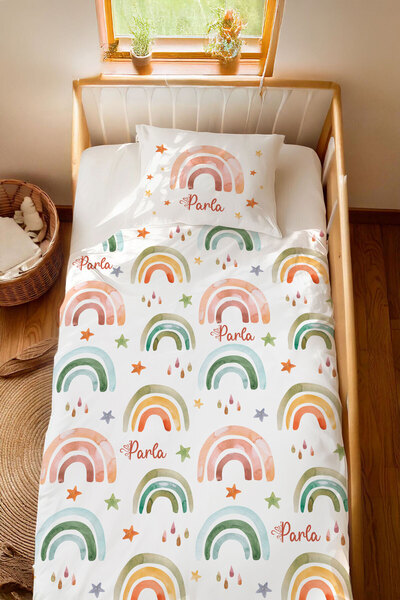 Homamia İsme Özel %100 Pamuk 100x200 Montessori Nevresim Takımı Gökkuşağı