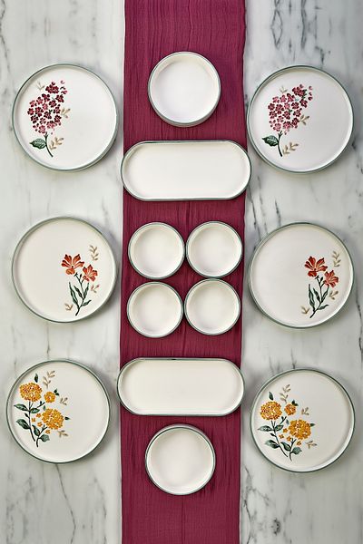 Kitchen Life 14 Pieces Flowers Presentation Set for 6 People - Luxury Breakfast Plate