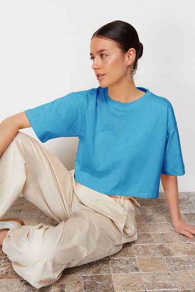 Trendyol Collection Tricou tricotat turcoaz - 100% bumbac, Premium TWOSS23TS00038