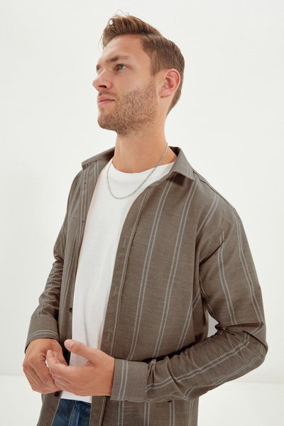 Trendyol Collection Bézs Slim Fit gombos galléros csíkos ing TMNSS20GO0092