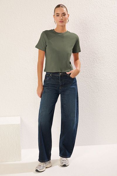 Trendyol Collection Khaki Color Crew Neck Knitted T-Shirt - Short Sleeve, Regular Fit Twoss25Ts00002