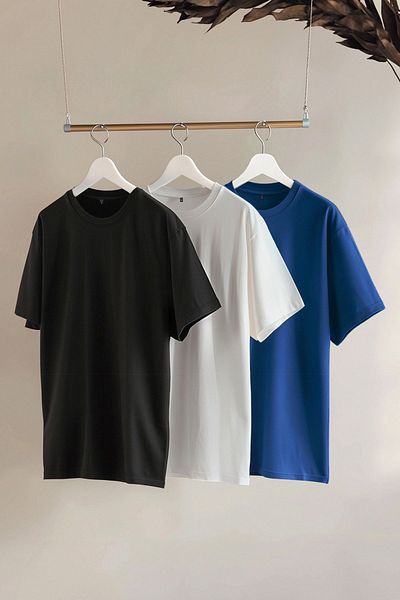 Trendyol Collection Μαύρο-άσπρο-μπλε μπλουζάκι 3 τεμαχίων Oversize/Wide Cut Labeled 100% Cotton Solid Fabric T-shirt