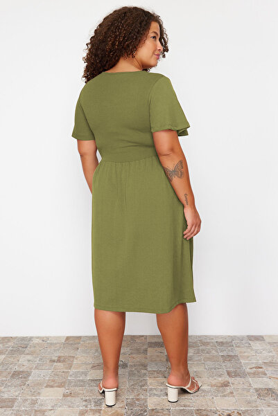 Trendyol Curve Green Drawstring Detail Midi Ribbed Knitted Dress Tbbss24Ah00176