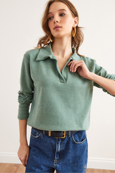 Olalook Kadın Çağla Yeşili Polo Yaka Selanik Bluz BLZ-19002810