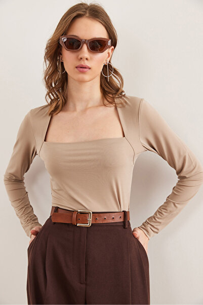 Olalook Women's Stone Square Neck Crop Sandy Blouse Blz- 19002827