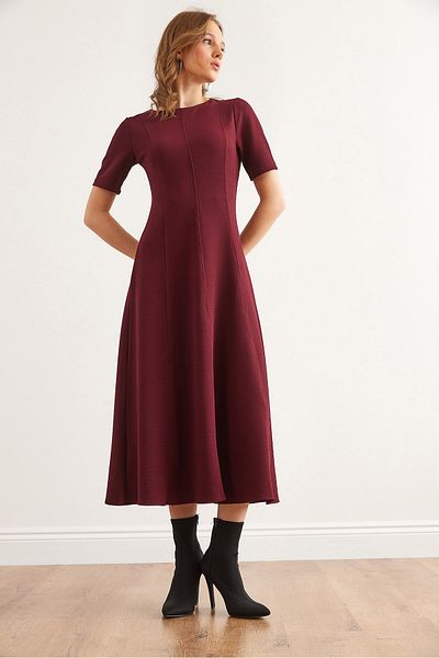 Olalook Burgunderrotes, gestricktes Midikleid mit Reißverschluss hinten für Damen ELB- 19002342