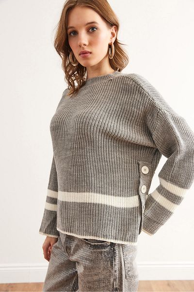 Olalook Women's Gray Side Button Detailed Striped Knitwear Sweater Kzk- 19000967