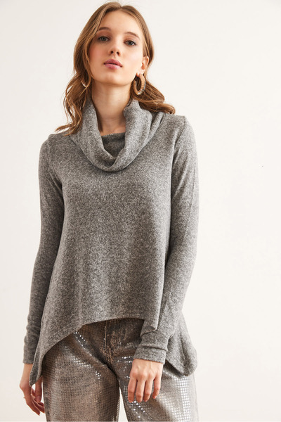 Olalook Gray Degaje Collar Women's Knitted Blouse - Blz- 19002830