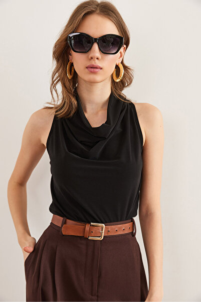 Olalook Women's Black Back Button Degaje Collar Sleeveless Flowy Blouse Blz- 19002833