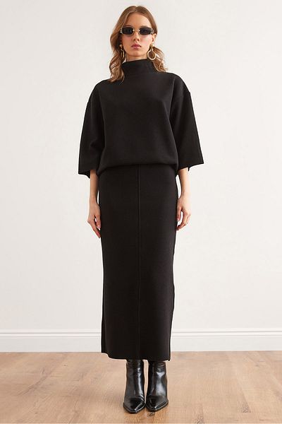 Olalook Black Thessaloniki Suit - Top Turuvakar Blouse and Slit Skirt Tkm- 19000355